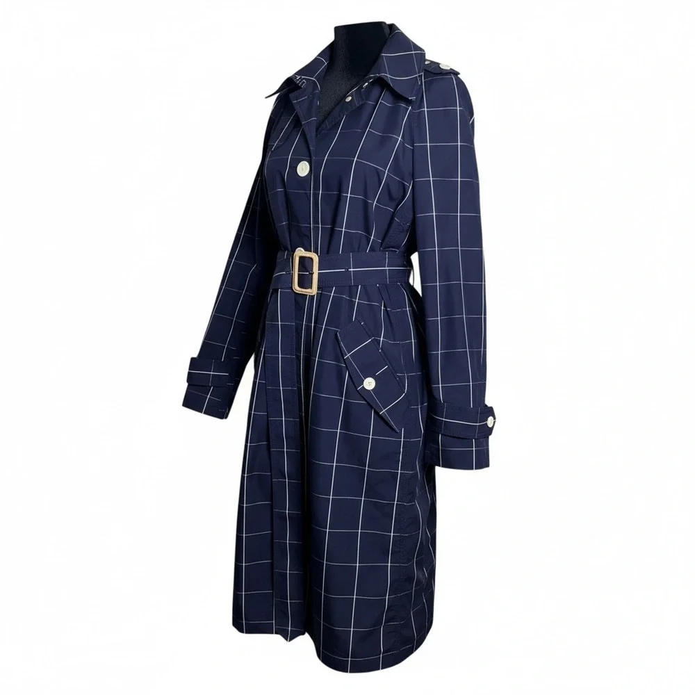 J Crew Collection Navy Windowpane Lightweight Trench Coat Size 2 - Picture 2 of 15